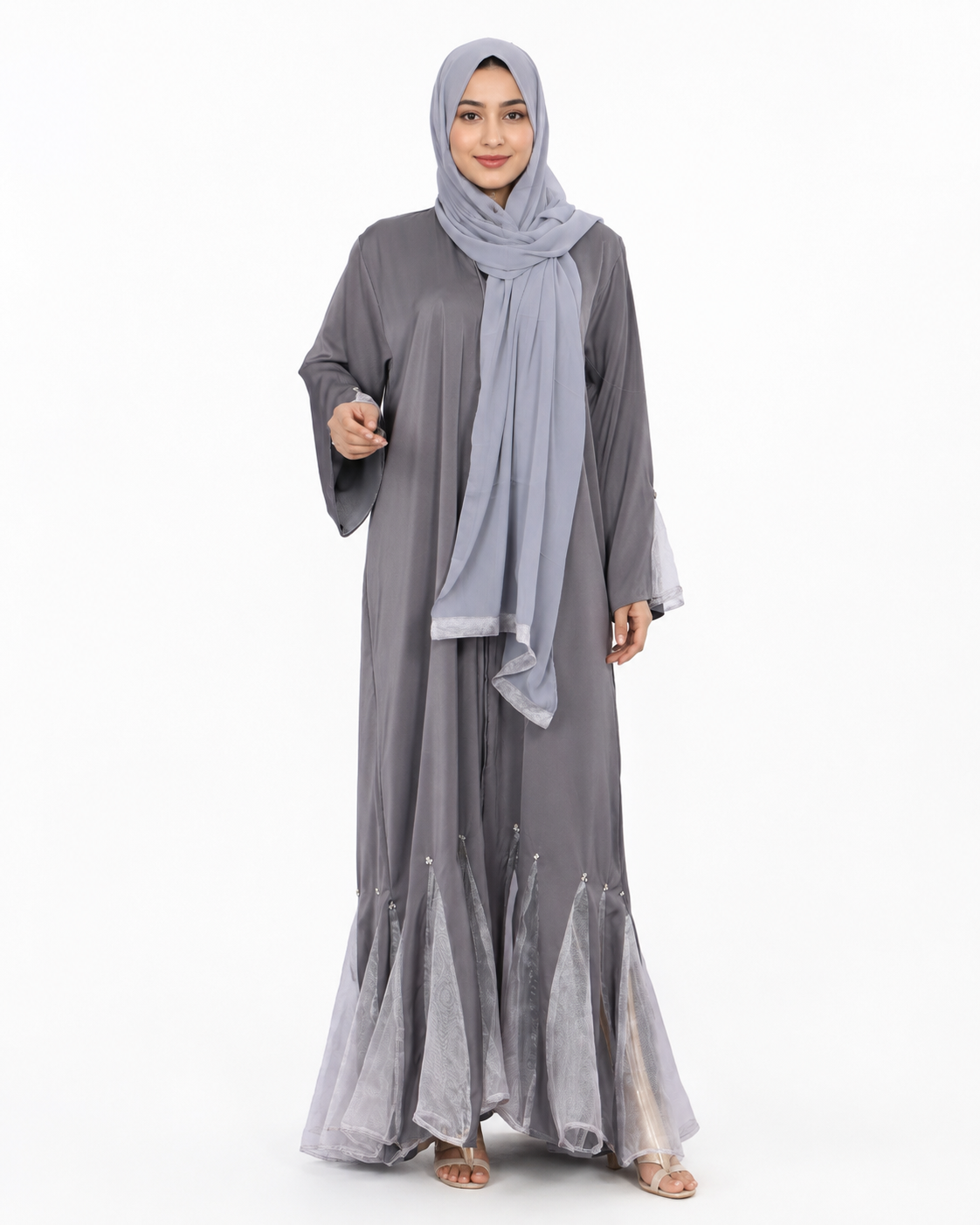 Grey Organza Ruffle Hem Shrug Abaya